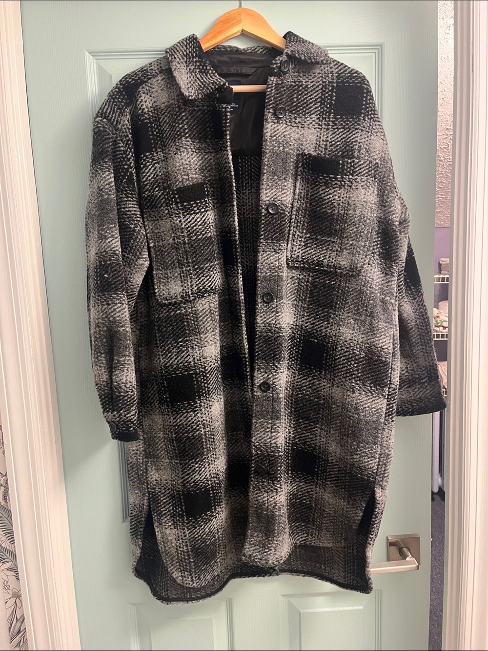 Womens Black & Gray Plaid Long Coat